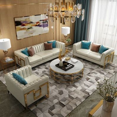 Luxus Edelstahl Leder Couch Polster Sitz 3 + 2 + 1 Set Wohnzimmer Garnitur Sofa Neu