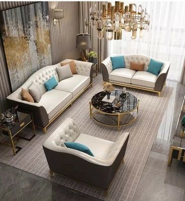 Chesterfield Edelstahl Leder Couch Polster Sitz 3 + 2 + 2 Garnitur Sofa Wohnzimmer
