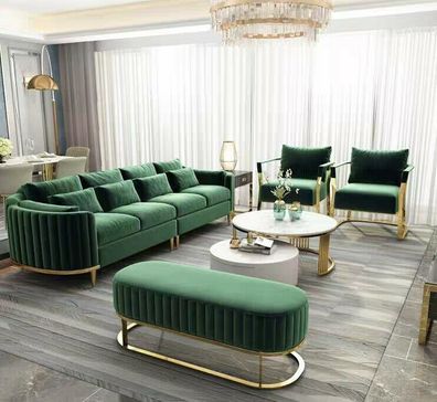 Designer Luxus Couch Grün Set Polster Garnitur Textil Samt Stoff Sofa 311 Sitzer