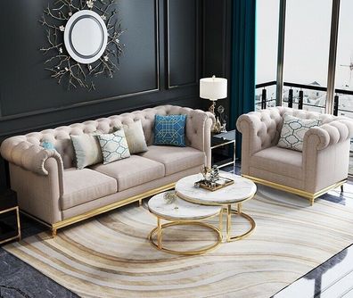 Designer Couch Polster Sitz Garnitur Sofa 3 + 1 Wohnzimmer Leder Metall Neu Stoff