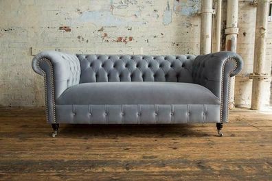 Cheserfield Samt Sofa 2 Sitzer Designer Couchen Couch Textil Stoff Polster Grau