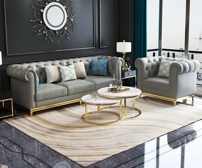 Chesterfield Metall Couch Polster Sitz Garnitur Sofa Leder Design Garnituren 3 + 1
