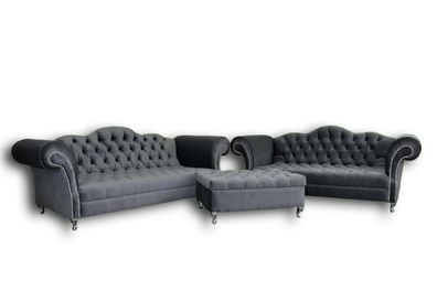 Chesterfield Designer Sofagarnitur 4 + 3 Hocker Couch Textil Sitz Polster Garnitur