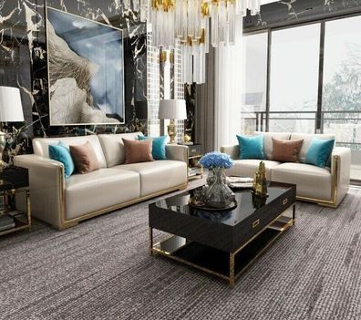 Design Leder Sofa Couch Gruppe Garnitur 3 + 1 + 1 Metall 3tlg Set Luxus Sofas Neu