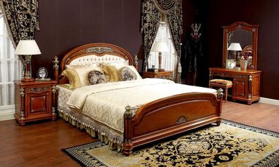 Luixus Schlafzimmer Bett Doppelbett Echte Handarbeit Holz Leder Polster Betten