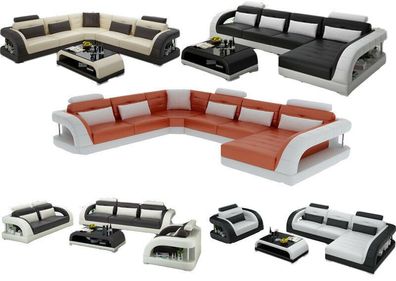Sofa Couch Wohnlandschaft XXL Couch Ledersofa mit Ottomane Sofagarnitur G8012