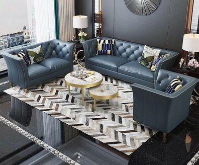 Dreisitzer Couch Polster Design Sofa 3er Sitz Sofas Zimmer Blau Chesterfield Neu