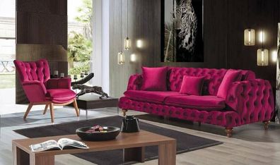 Chesterfield Samt Sofa 3 Sitzer Designer Couchen Couch Stoff Polster Pink Textil