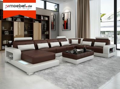 XXL Big Couch Polster Eck Leder Sofa Garnitur Couchen + Licht Wohnlandschaft Sofa