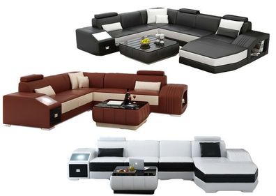 Sofa Couch Wohnlandschaft XXL Couch Ledersofa mit Ottomane Sofagarnitur 2724