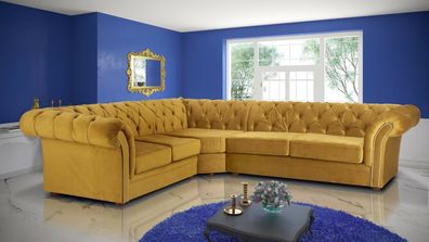 Klassische Chesterfield Couch Polster Eckgarnitur Gold Textil Stoff Ecke Sofas