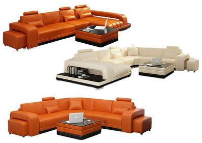Sofa Couch Wohnlandschaft XXL Couch Ledersofa mit Ottomane Sofagarnitur F3017
