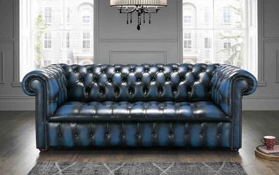 XXL Blau Sofa 3 Sitzer Couch Chesterfield Polster Sitz Garnitur Leder Textil
