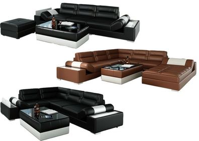 Sofa Couch Wohnlandschaft XXL Couch Ledersofa mit Ottomane Sofagarnitur L6001