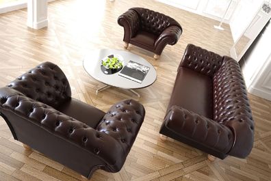 Chesterfield Designer Sofagarnitur Polster Sitz Leder Couch Garnitur 3 + 1 + 1 Neu