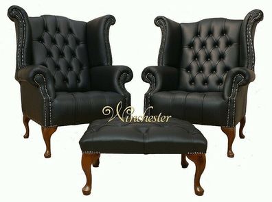 Chesterfield Ohrensessel 2x + Hocker Leder Sofa Set Garnitur Polster Couch Sofas