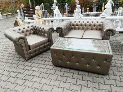Design Chesterfield Sofagarnitur 2 + 1 + Couchtisch Couch Polster Gold Sofa Sofas