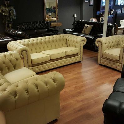 Chesterfield Sofagarnitur 3 + 2 + 1 100% Vollleder Möbel Sitz Sofa Couch Garnitur