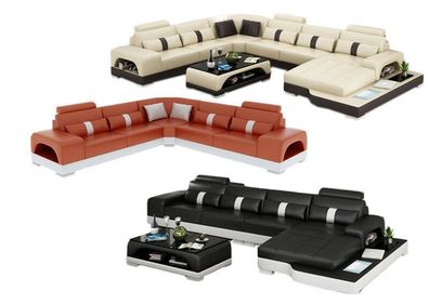 Sofa Couch Wohnlandschaft XXL Couch Ledersofa mit Ottomane Sofagarnitur G8015