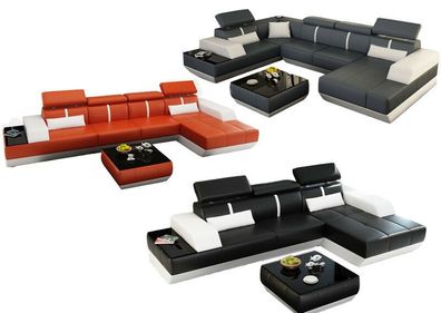 Sofa Couch Wohnlandschaft XXL Couch Ledersofa mit Ottomane Sofagarnitur K5015
