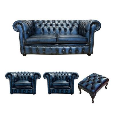 Chesterfield Sofa Couch Polster Sofas Leder Couchen 2 + 1 + 1 Sitzer Hocker Set