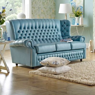 Klassische Leder Sofa Couch Polster 3 Sitzer Leder Sofas Couchen Blaue Garnitur