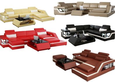 Sofa Couch Wohnlandschaft XXL Couch Ledersofa mit Ottomane Sofagarnitur L6002