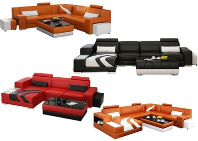 Sofa Couch Wohnlandschaft XXL Couch Ledersofa mit Ottomane Sofagarnitur V015