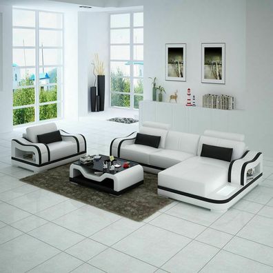 Ledersofa Couch Wohnlandschaft Ecksofa + Sessel Eck Garnitur Sofas Sofa G8030E