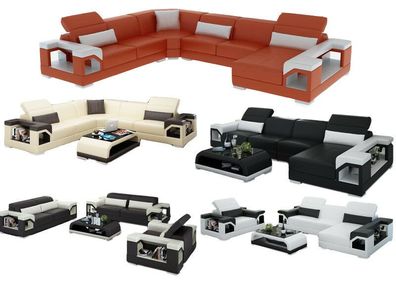 Sofa Couch Wohnlandschaft XXL Couch Ledersofa mit Ottomane Sofagarnitur G8014