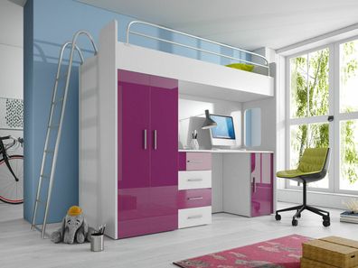 Doppelstockbett Stockbett Etagenbett MIT Schreibtisch + Kleiderschrank-raj 4D LILA