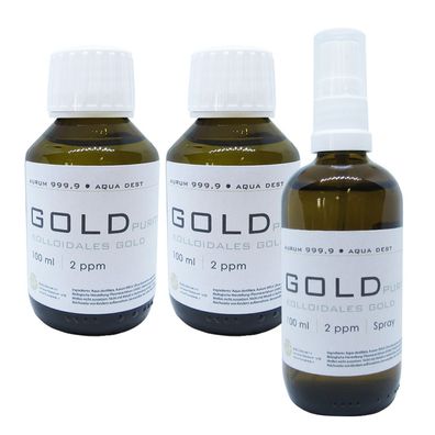 Kolloidales Gold 2x 100ml 2ppm Flasche + 100ml 2ppm Sprühflasche Spray Aurum pur