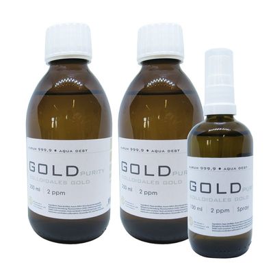 Kolloidales Gold 2x 250ml 2ppm Flasche + 100ml 2ppm Sprühflasche Spray Aurum pur