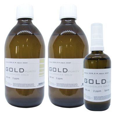 Kolloidales Gold 2x 500ml 2ppm Flasche + 100ml 2ppm Sprühflasche Spray Aurum pur