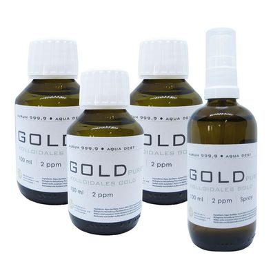 Kolloidales Gold 3x 100ml 2ppm Flasche + 100ml 2ppm Sprühflasche Spray Aurum pur