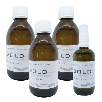 Kolloidales Gold 3x 250ml 2ppm Flasche + 100ml 2ppm Sprühflasche Spray Aurum pur