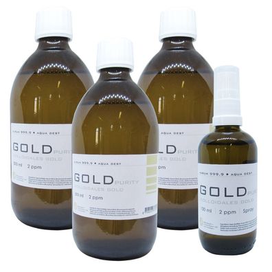 Kolloidales Gold 3x 500ml 2ppm Flasche + 100ml 2ppm Sprühflasche Spray Aurum pur