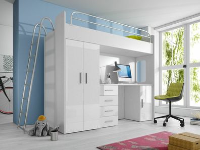 Doppelstockbett Stockbett Etagenbett MIT Schreibtisch + Kleiderschrank-raj 4D WEIß