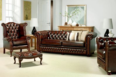 Chesterfield Design Sofagarnitur 3 Sitz + Ohrensessel Couch Sofa Polster Hocker