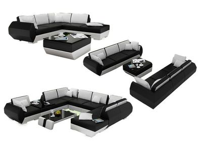 Sofa Couch Wohnlandschaft XXL Couch Ledersofa mit Ottomane Sofagarnitur R7002