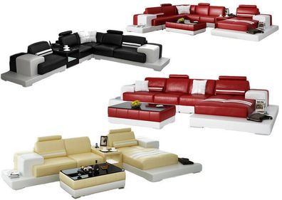 Sofa Couch Wohnlandschaft XXL Couch Ledersofa mit Ottomane Sofagarnitur 2725