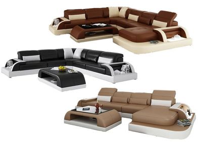 Sofa Couch Wohnlandschaft XXL Couch Ledersofa mit Ottomane Sofagarnitur L6012