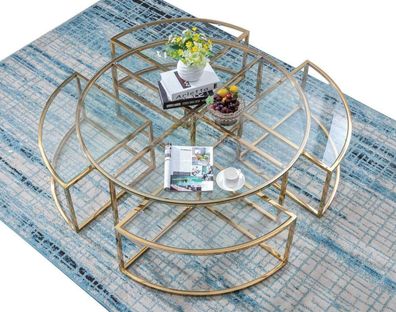Runder Designer Glas Couch Edelstahl Sofa Tisch Wohn Design Rund Metall Gold Neu