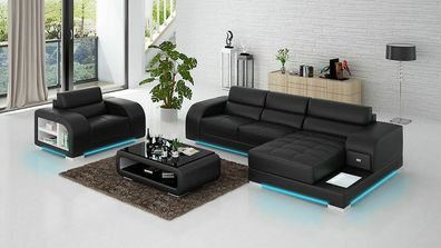 Ledersofa Couch Wohnlandschaft Ecksofa + Sessel Garnitur Design Sofa Neu G8029E