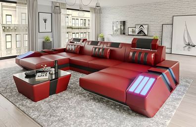 Design Sofa Couch Polster Eck Garnitur Ledersofa Ecksofa Wohnlandschaft V4 Rot