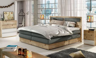 Luxus Oak Holz Boxspring Bett Betten Design Polster Hotel Leder Komplett Set