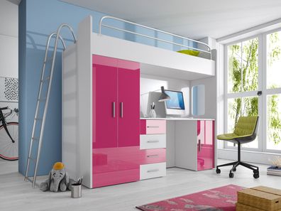 Doppelstockbett Stockbett Etagenbett MIT Schreibtisch + Kleiderschrank-raj 4D ROSA