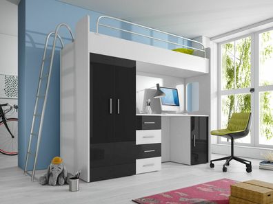 Doppelstockbett Stockbett Etagenbett Schreibtisch + Kleiderschrank-raj 4D Schwarz