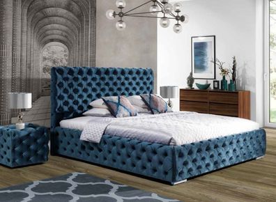 Chesterfield Samt Velvet Doppel Design Bett Luxus Design Betten Doppel Blau
