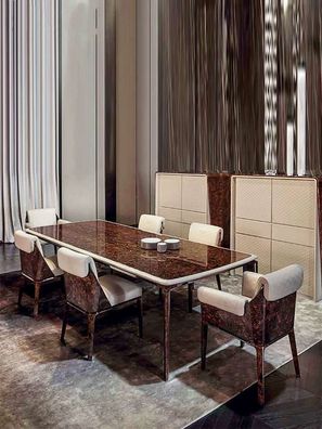 Designer Holz Tisch Poliert 6x Stuhl Set Stühle Tische Ess Wohn Zimmer Garnitur
